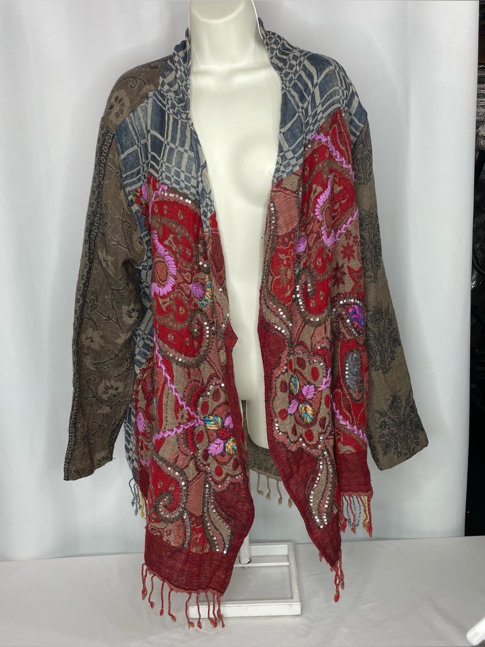 Soft Surroundings XL Wool Patchwork Embroidered Sequin Shawl Cardigan